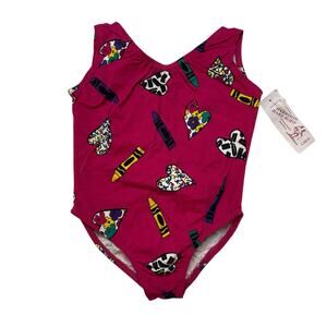 Vintage 80s NEW Girls Dance Gymnastics Bodysuit in Pink Crayon Print Size Large